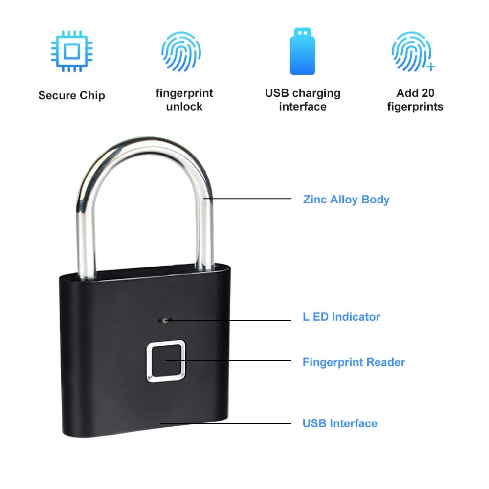 Keyless Smart USB Charging Fingerprint Padlock - Wanderers Vault